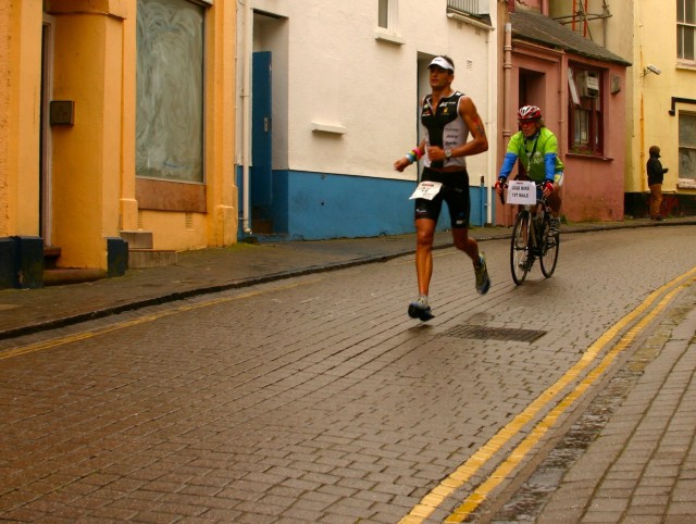 Ironman Wales 2012: Lead male pro, Sylvain Rota, on his way to win.
